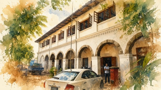 NGJA building Ratnapura with watercolor editorial sky