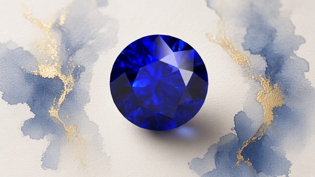 Round royal blue sapphire with watercolor editorial washes on ivory