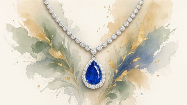 Pear-cut Ceylon blue sapphire and diamond necklace with watercolor editorial washes